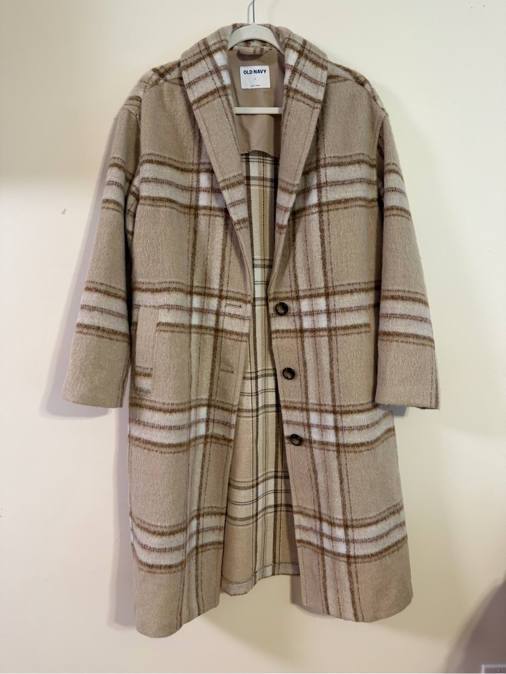 Old Navy Women's Cream Plaid Relaxed Long Coat